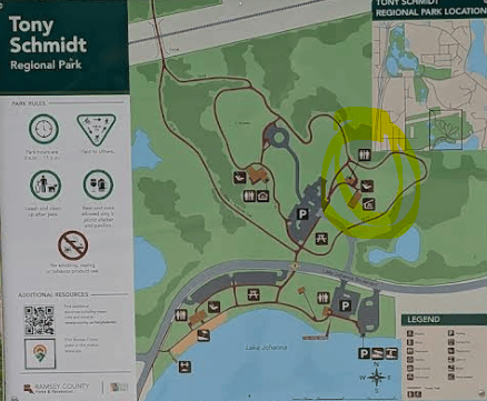 Map of tony schmidt regional park with the north east shelter circled. 