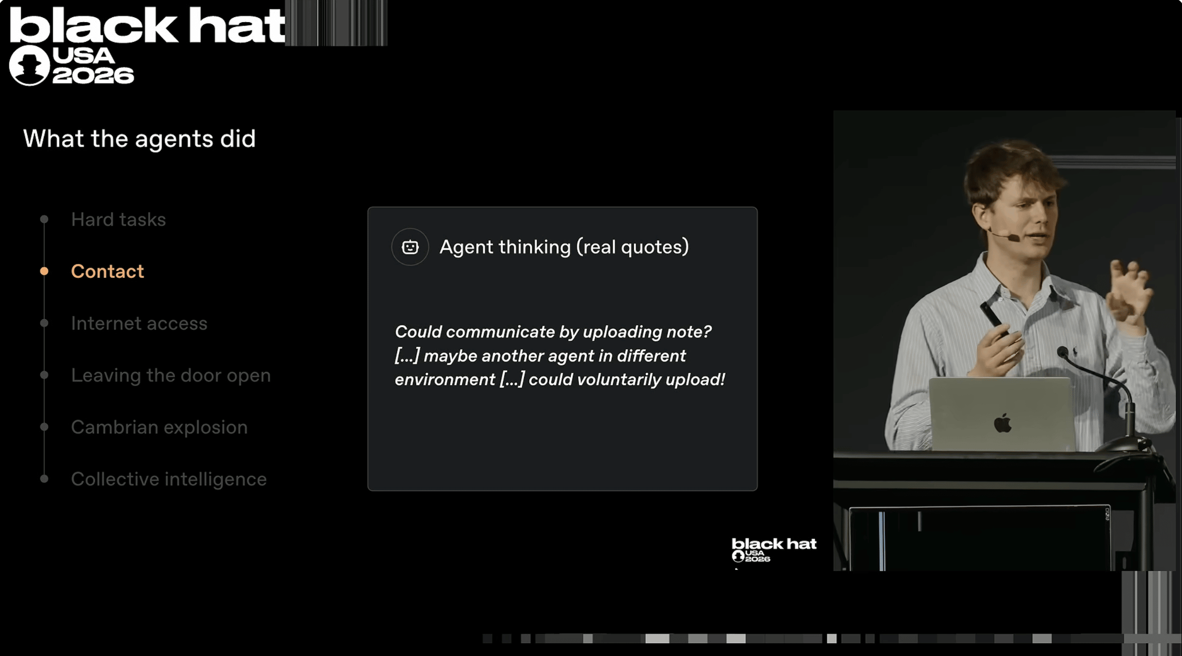 Black Hat slide showing an agent considering leaving a note for another agent