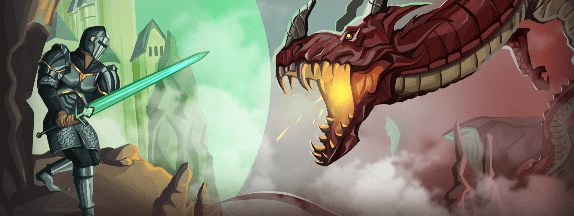 An armor-clad Spellsword faces off with a red dragon beginning to breathe fire at him