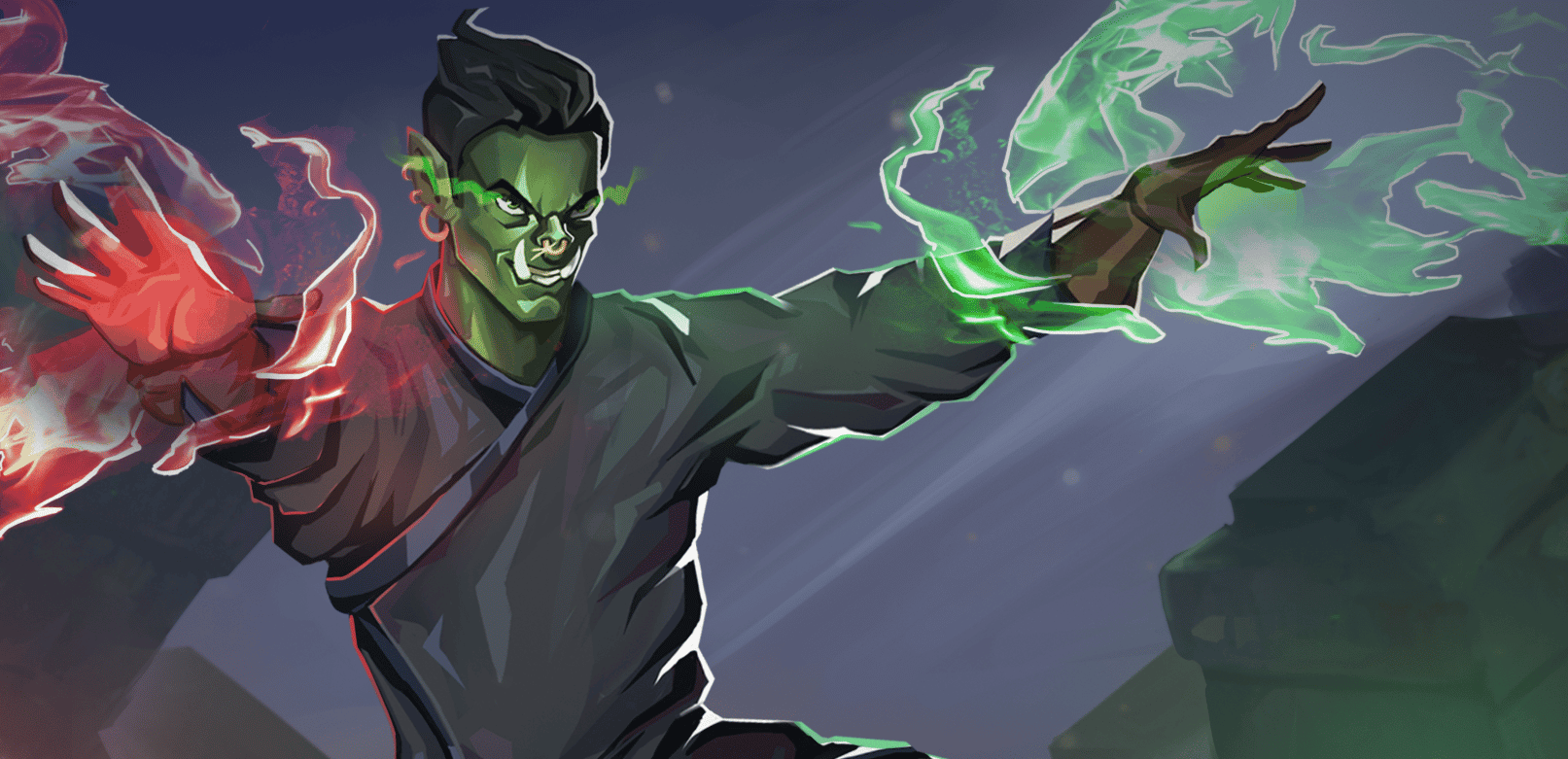 An Ork Wizard wielding a green spell and a red spell with a confident smirk and an arcane gleam in his eye
