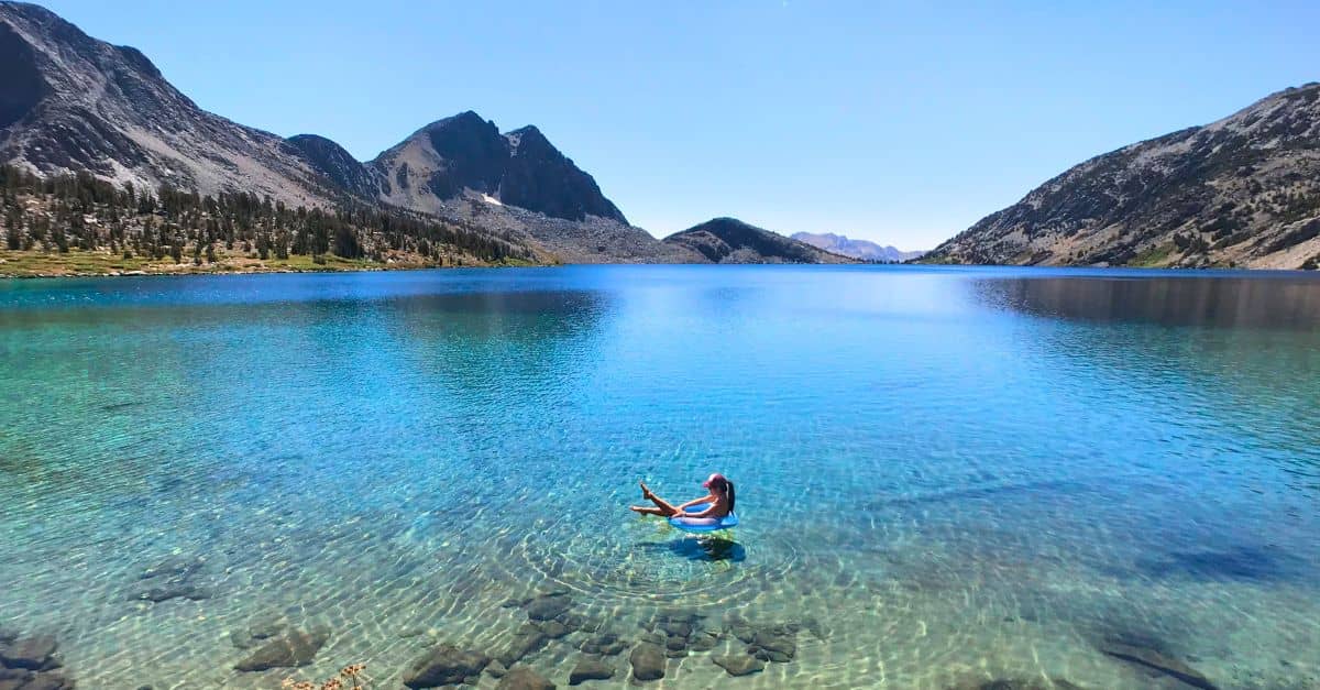 tiff floating on alpine lake in california