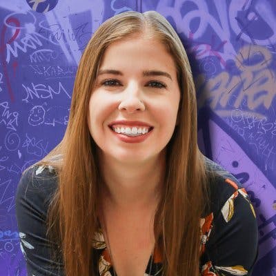 Maddy Osman is a woman with long brown hair and a big smile. She's wearing a black floral shirt. There is a purple background.