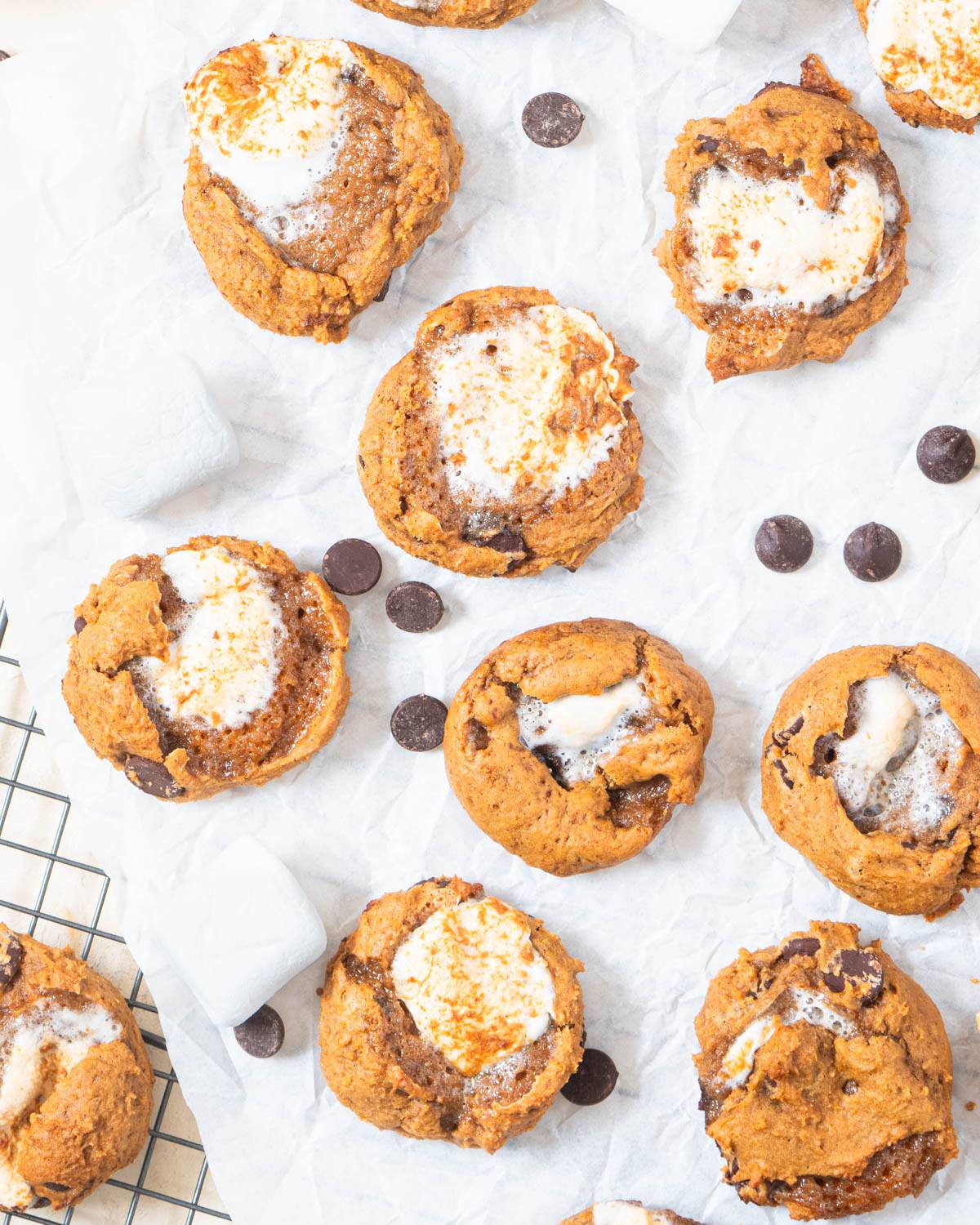 a spread of baked pumpkin chocolate chip marshmallow cookies