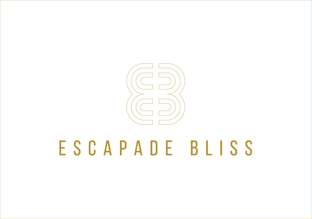 Logo with the words "ESCAPADE BLISS" in yellow capital letters against a green background. Above the text is a stylized design resembling two mirrored letter 'E's, also in yellow.