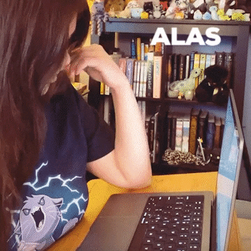 GIF of Kat Vancil being defeated and slamming her head into her laptop with the subtitle “Alas foiled again”