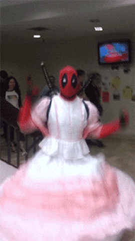 Deadpool cosplaying as Kaylee from Firefly from the ball episode GIF