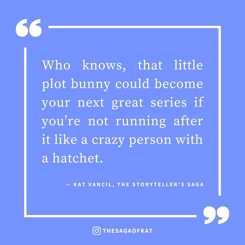 ‘Who knows, that little plot bunny could become your next great series if you’re not running after it like a crazy person with a hatchet.’ — Kat Vancil, “NOOO! Not another plot bunny!”, The Storytellers Saga