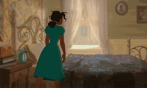 Tiana tired GIF. Tiana in a teal dress topples over face first onto a bed, closing her eyes, arms and legs dangling sluggishly off the bed.
