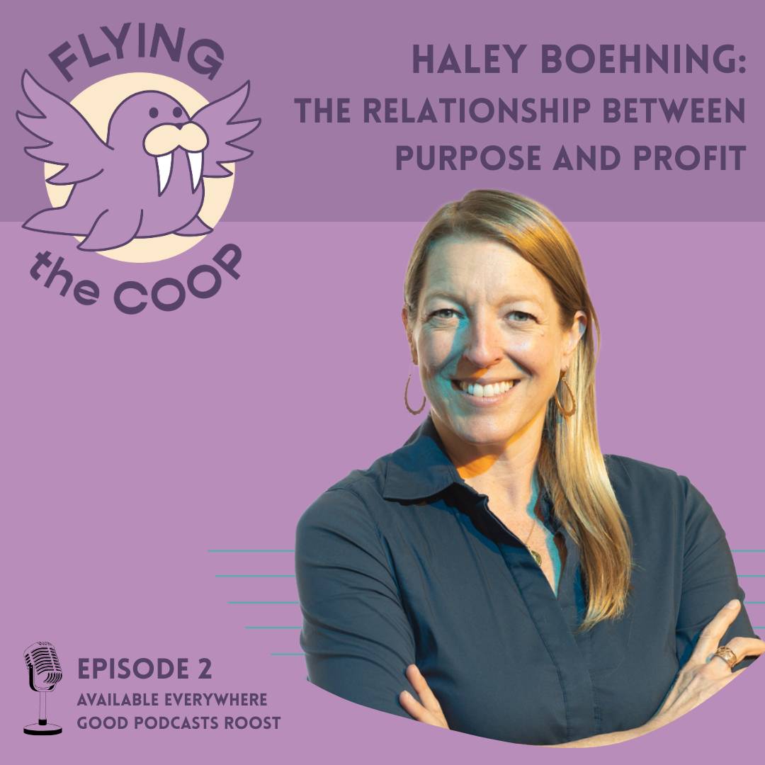 Haley Boehning is smiling at the reader looking friendly and smart, showing off the podcast episode she made with Janel and Anna called The Relationship Between Purpose and Profit