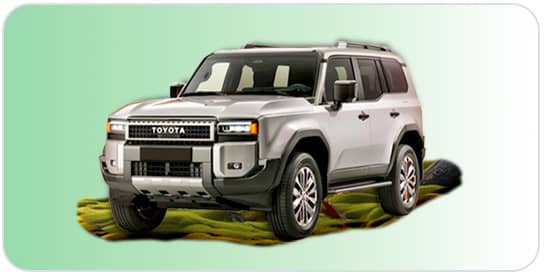 An image of a Toyota prado over a fade background from green to white