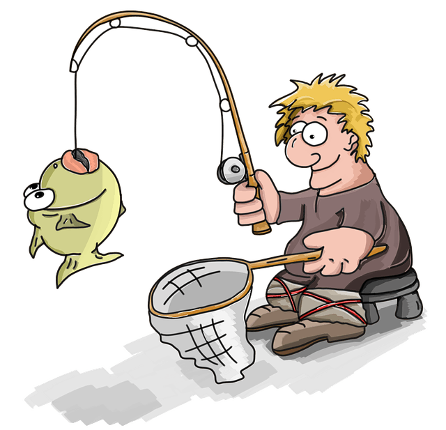 cartoon fisherman with pole fish and net