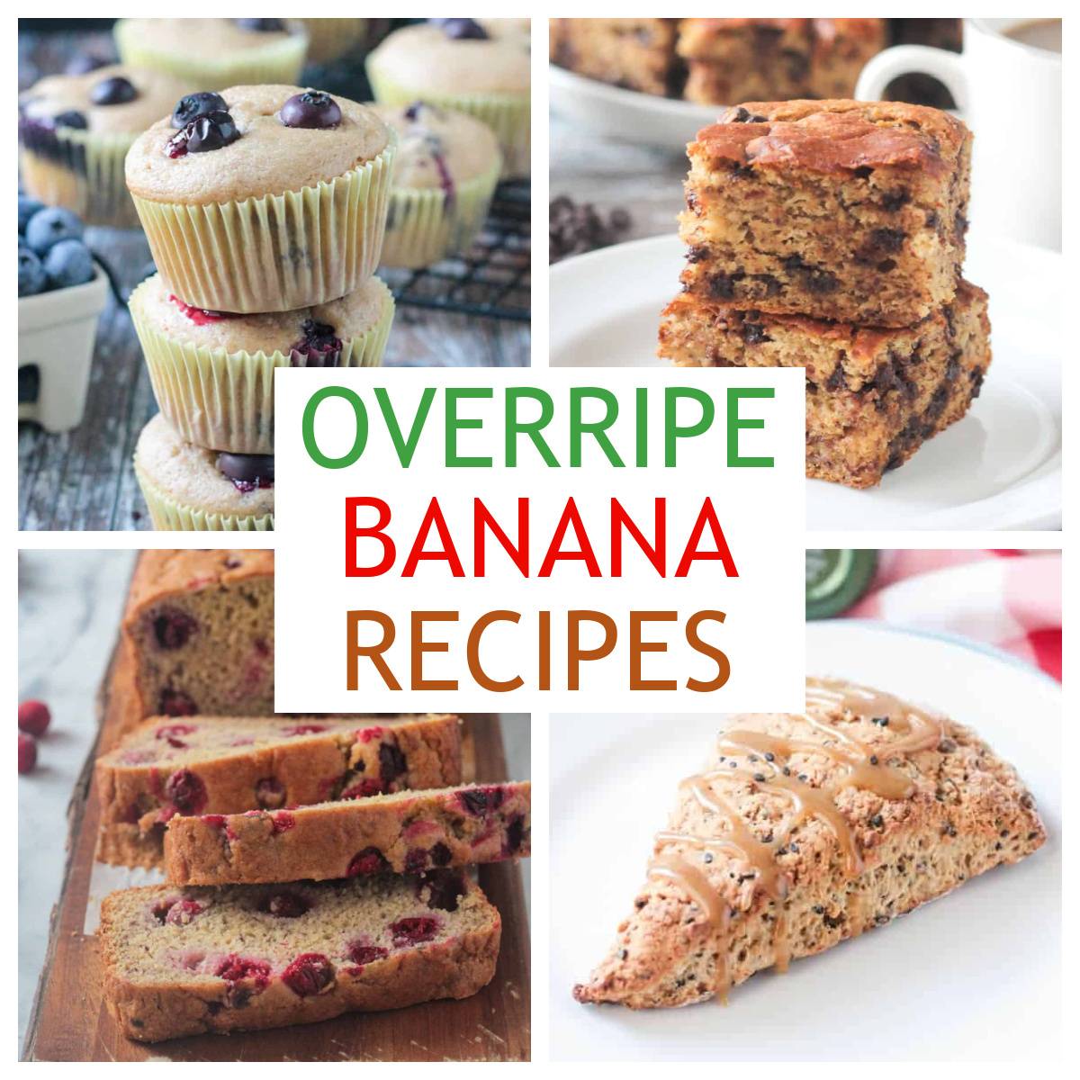 Four photo collage of recipes using overripe bananas.