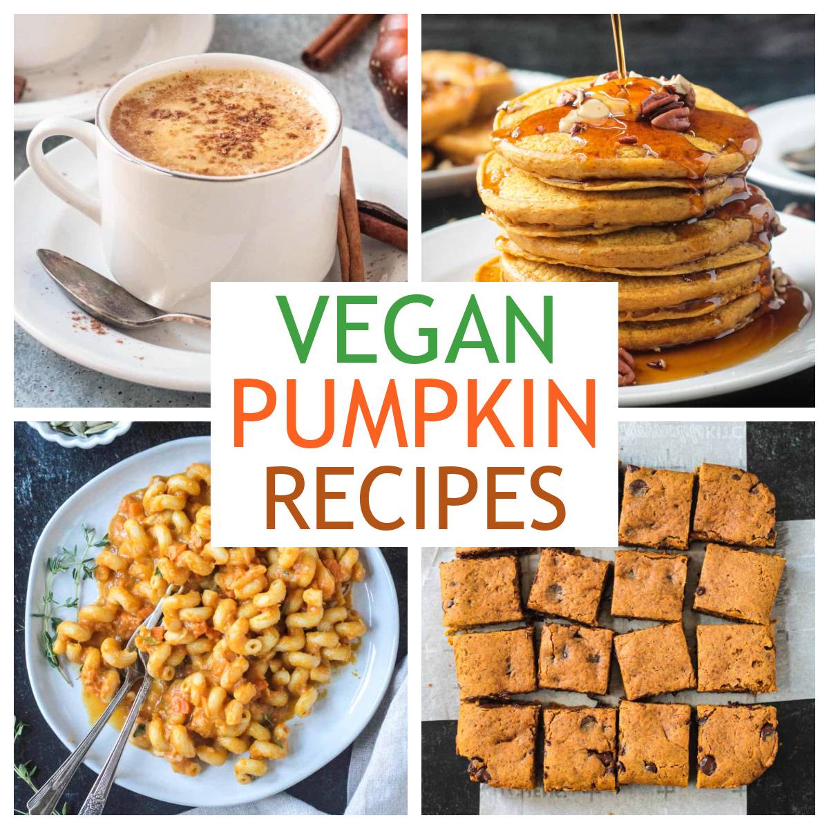 Four photo collage of vegan pumpkin recipes.