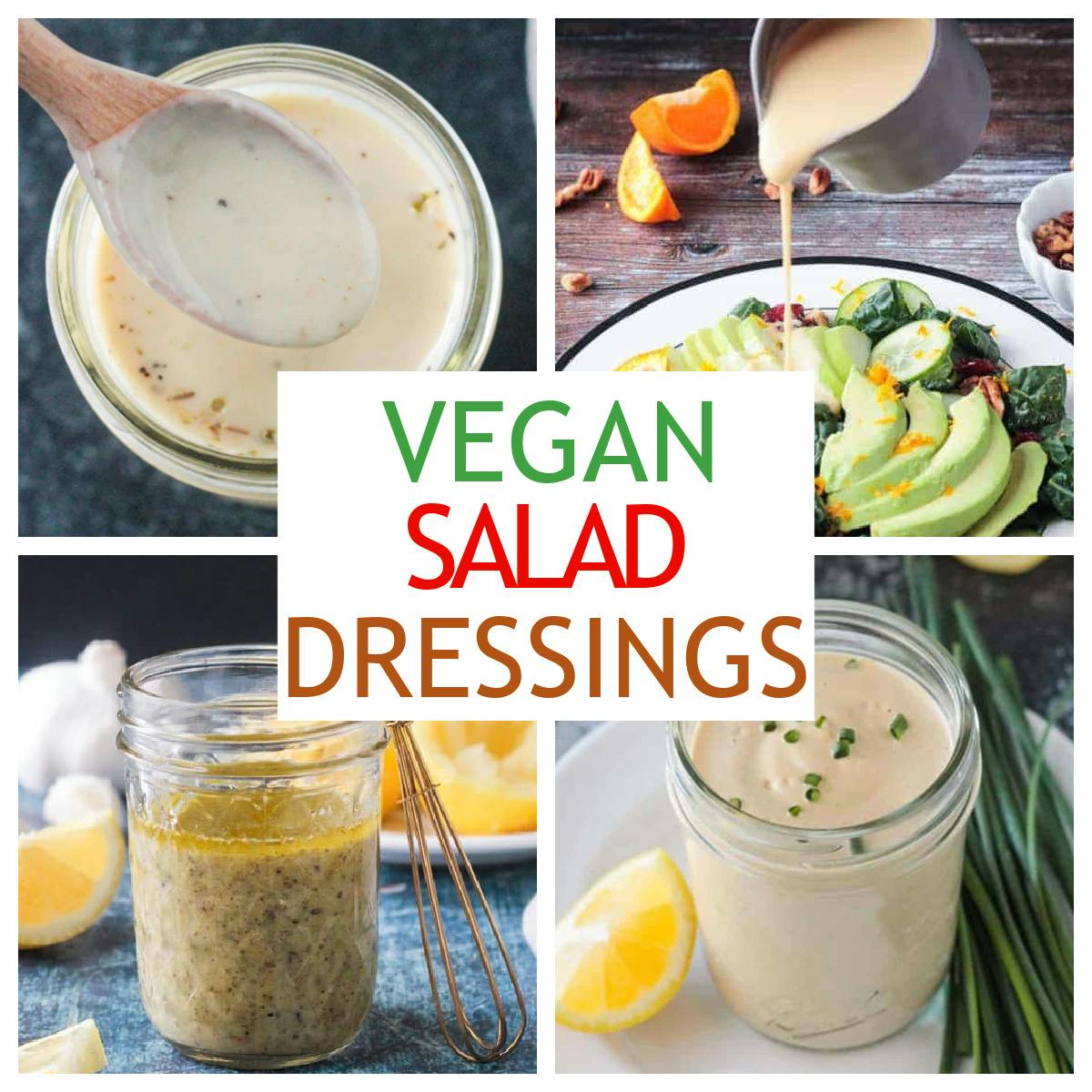 Four photo collage of a variety of vegan salad dressings.