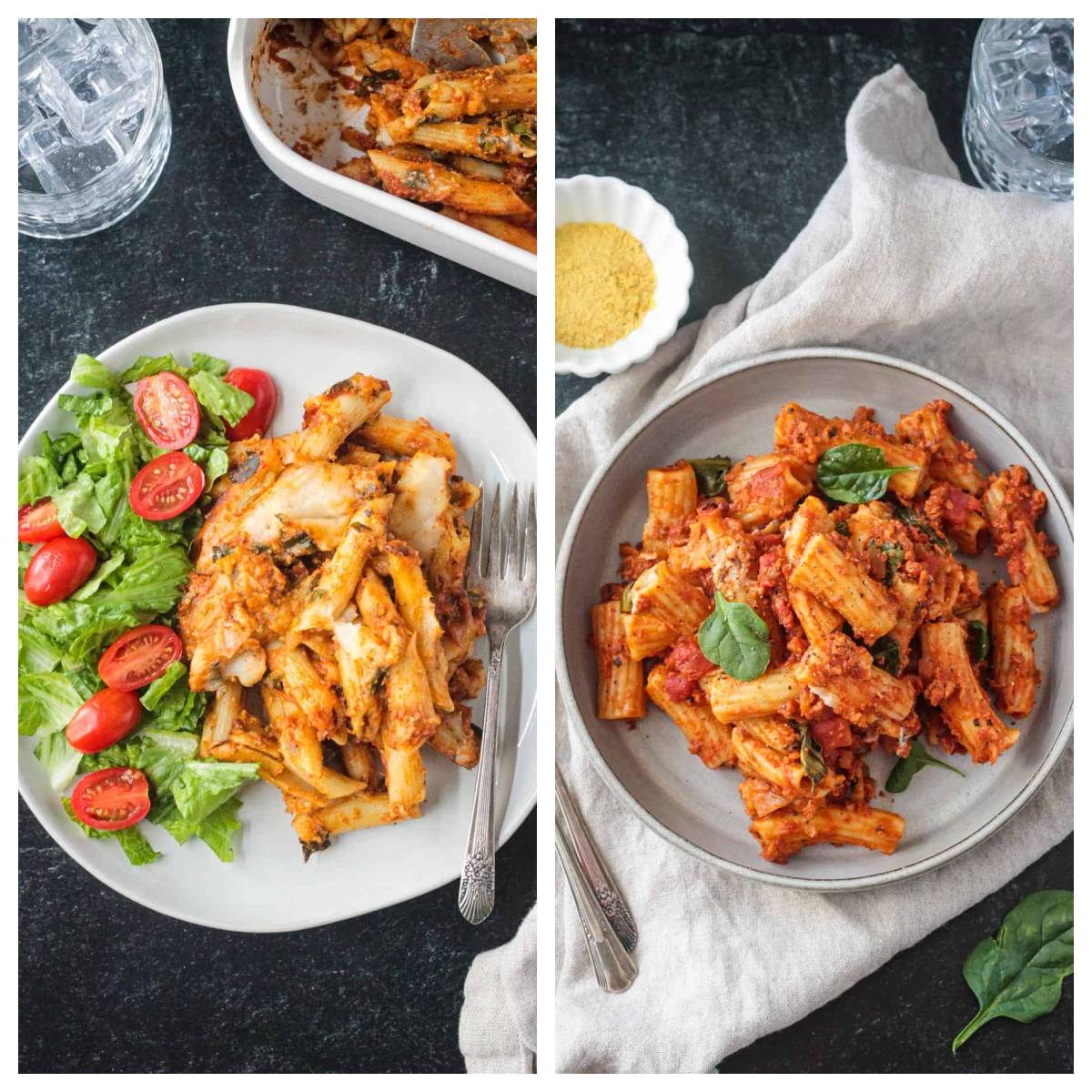 Two photo collage of pesto pasta bake and vegan chorizo pasta bake.