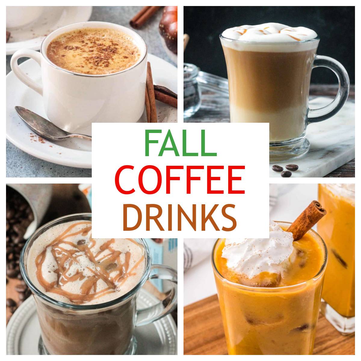 Photo collage of four dairy-free fall coffee drinks.