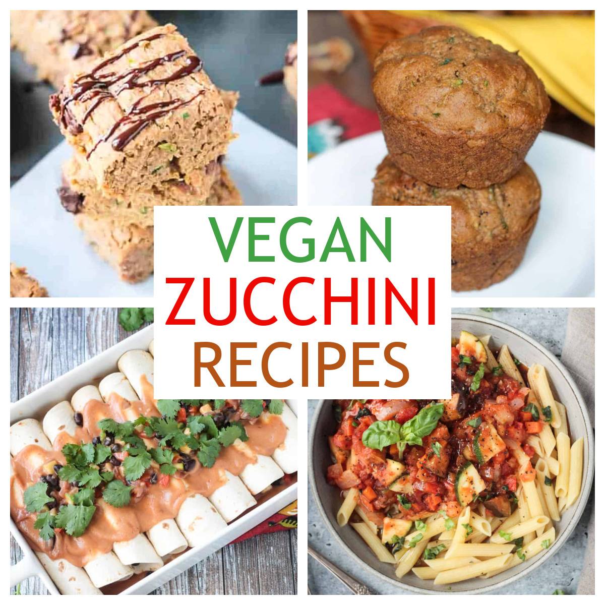 Four photo collage of vegan zucchini recipes.