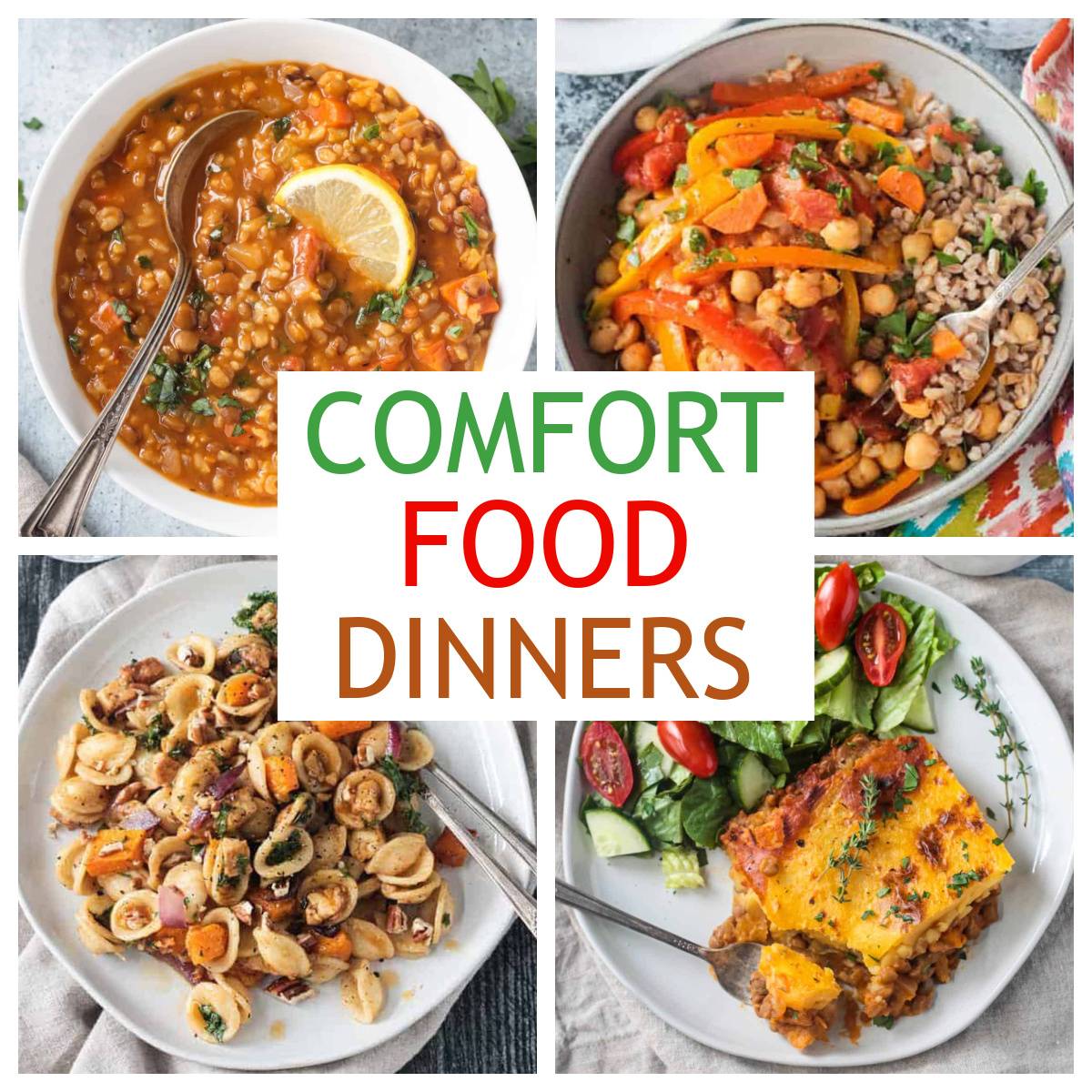 Collage of four vegan comfort food dinners.