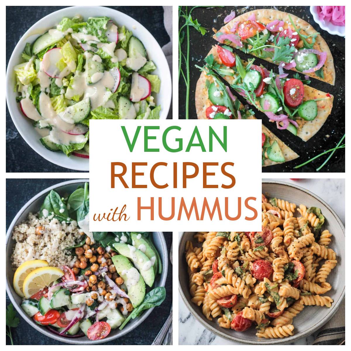 Four photo collage of recipes featuring hummus.