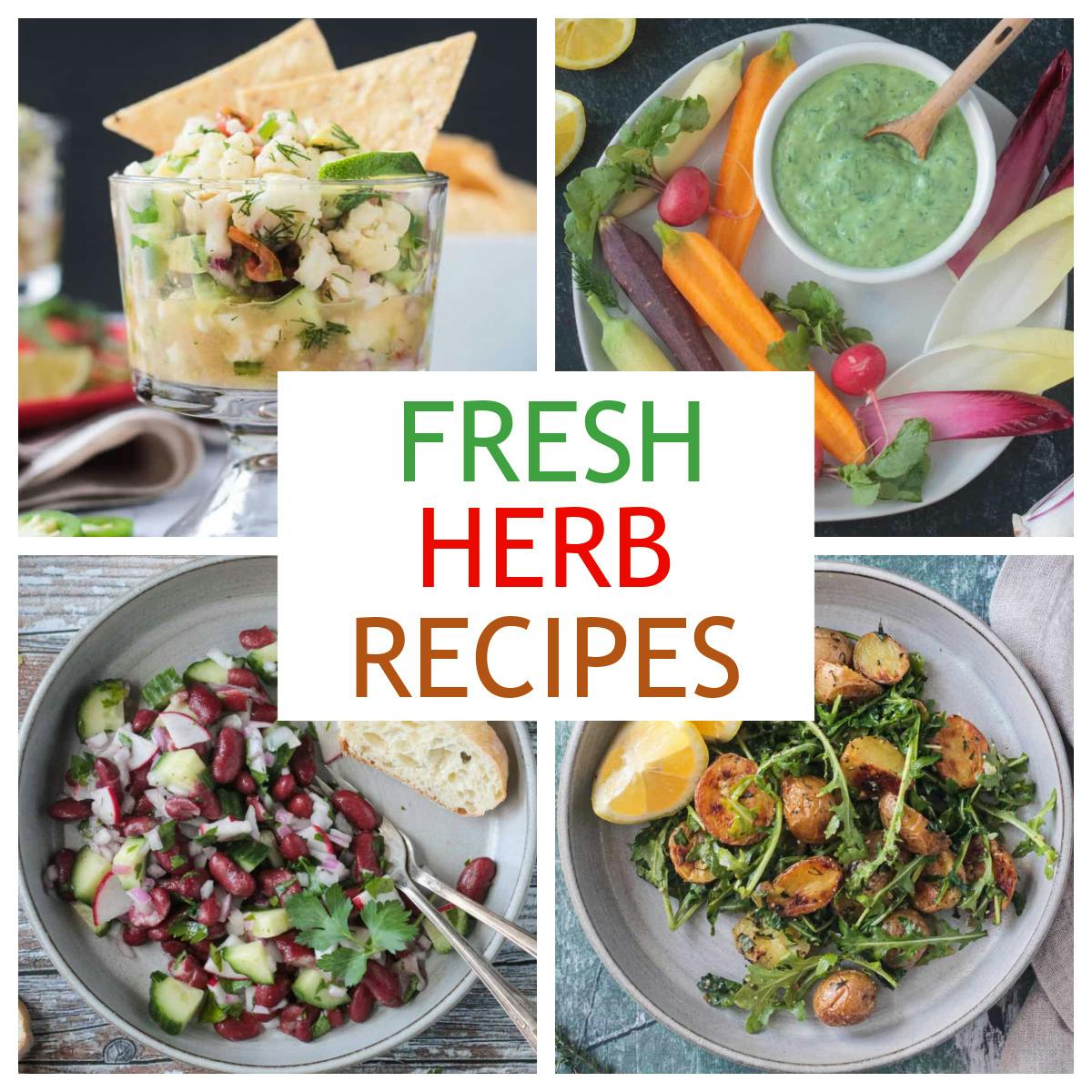 Four photo collage of recipes using fresh herbs.