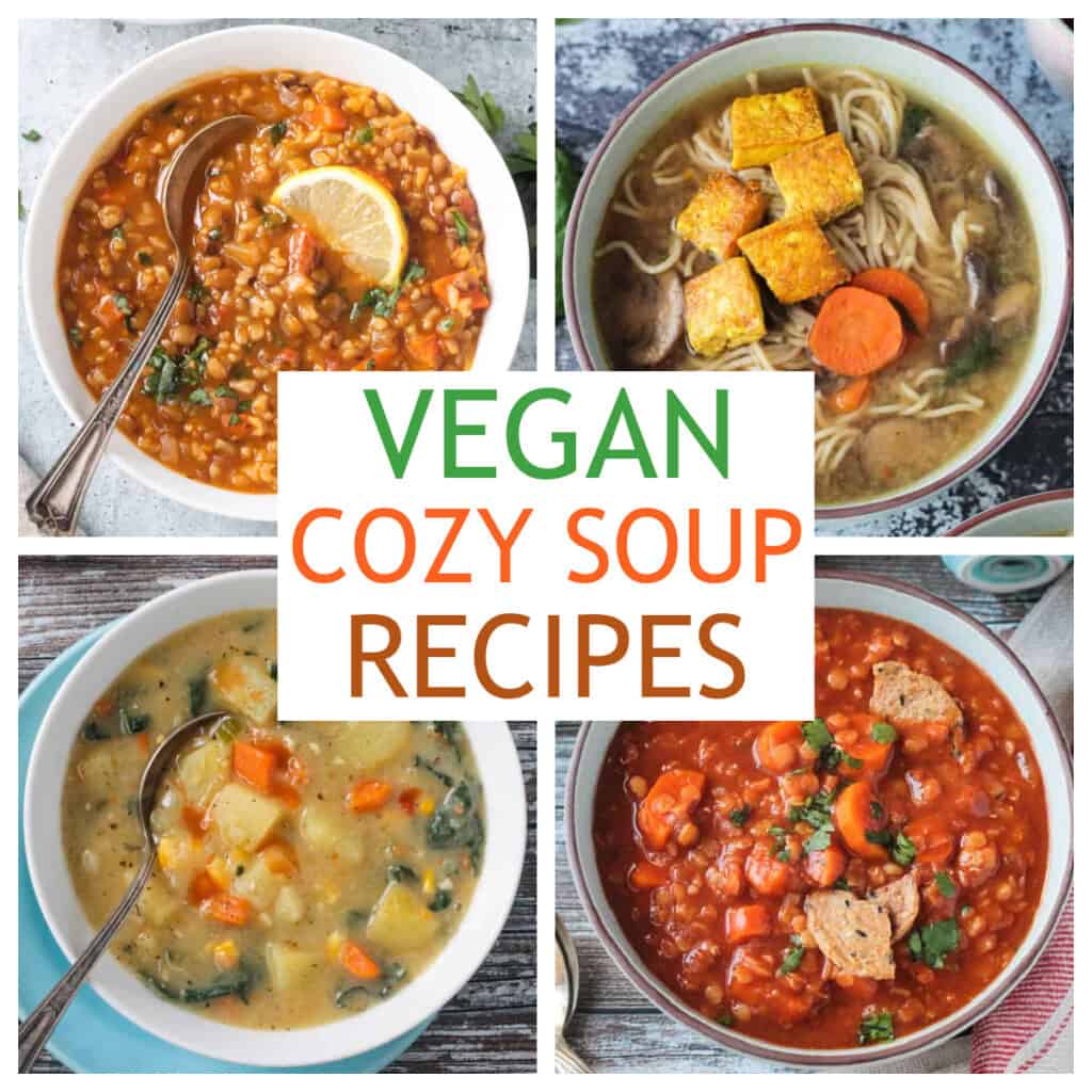 Collage of four vegan soup photos.