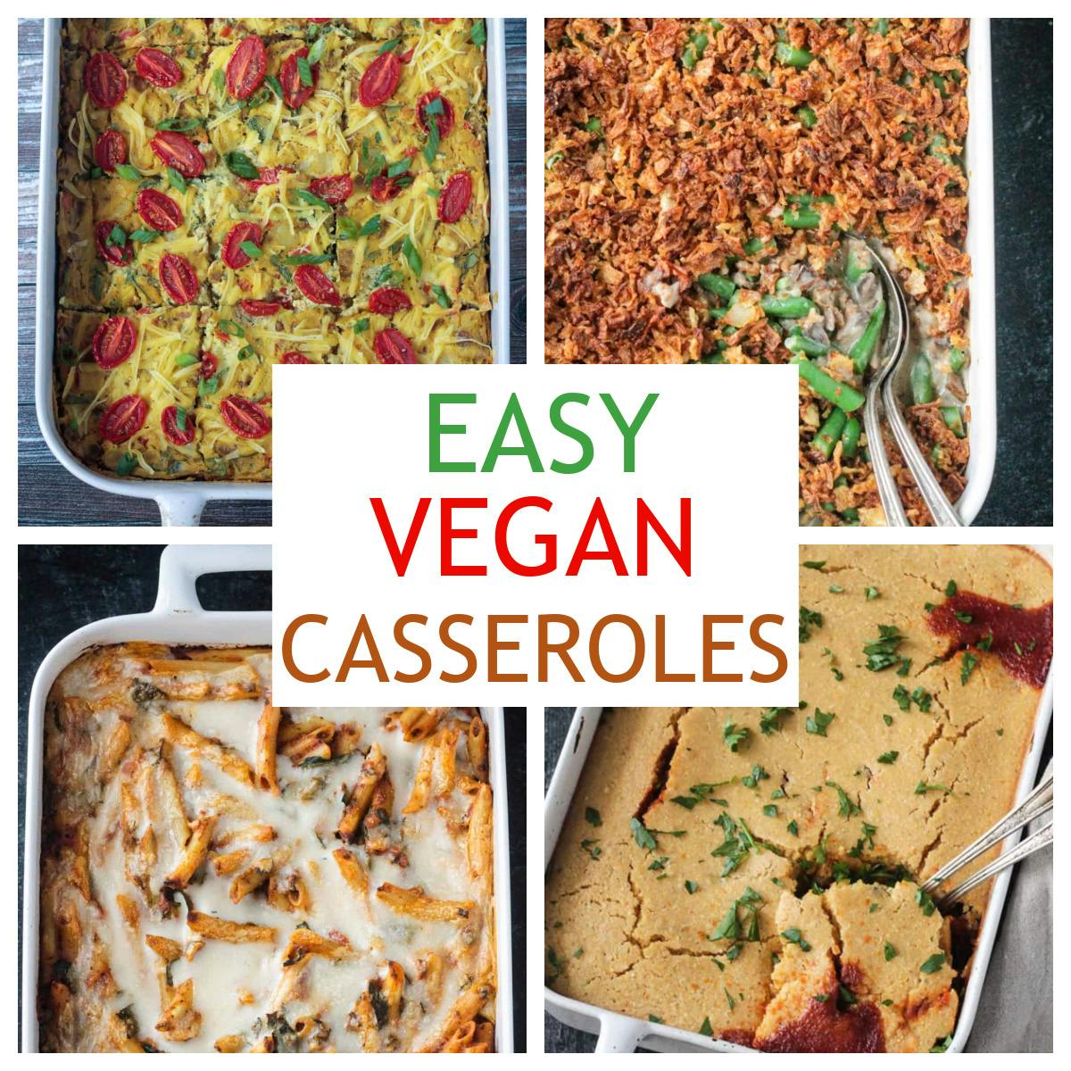 Four photo collage of vegan casserole recipes.