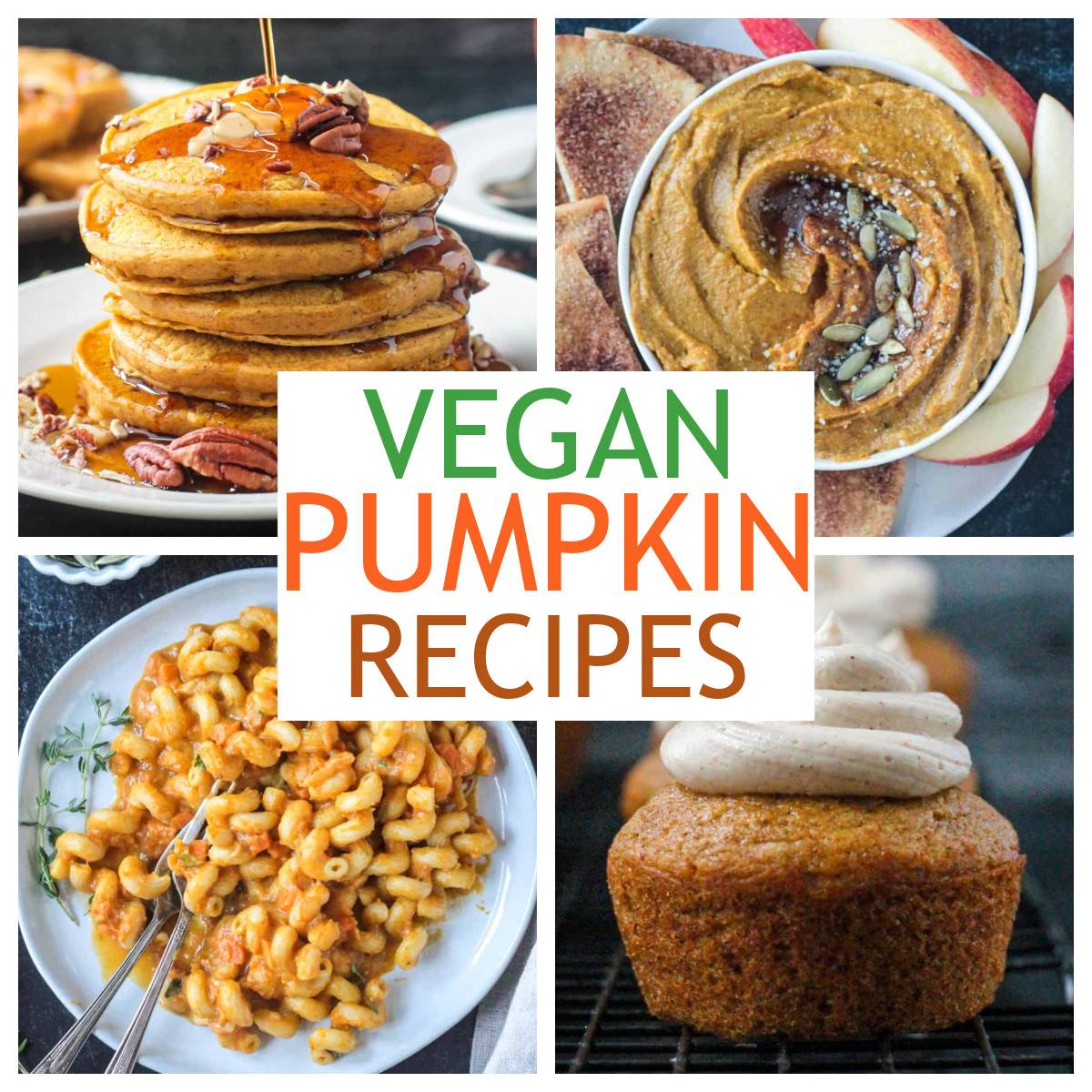 Four photo collage of vegan pumpkin recipes.
