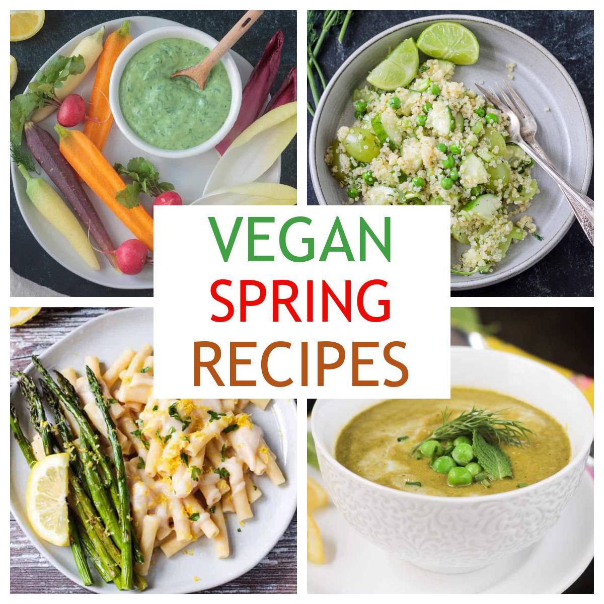 Four photo collage of vegan spring recipes.