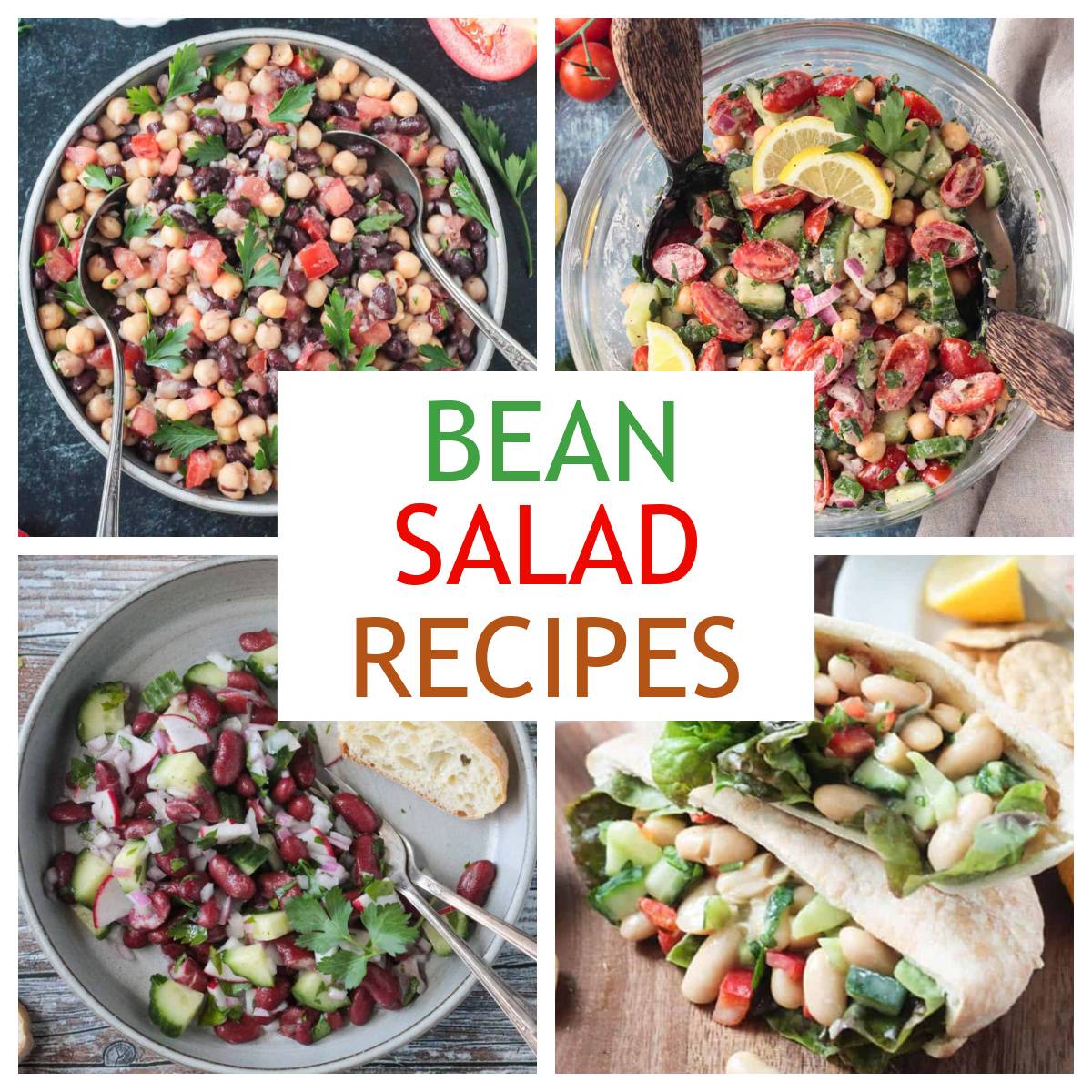 Four photo collage of bean salad recipes.