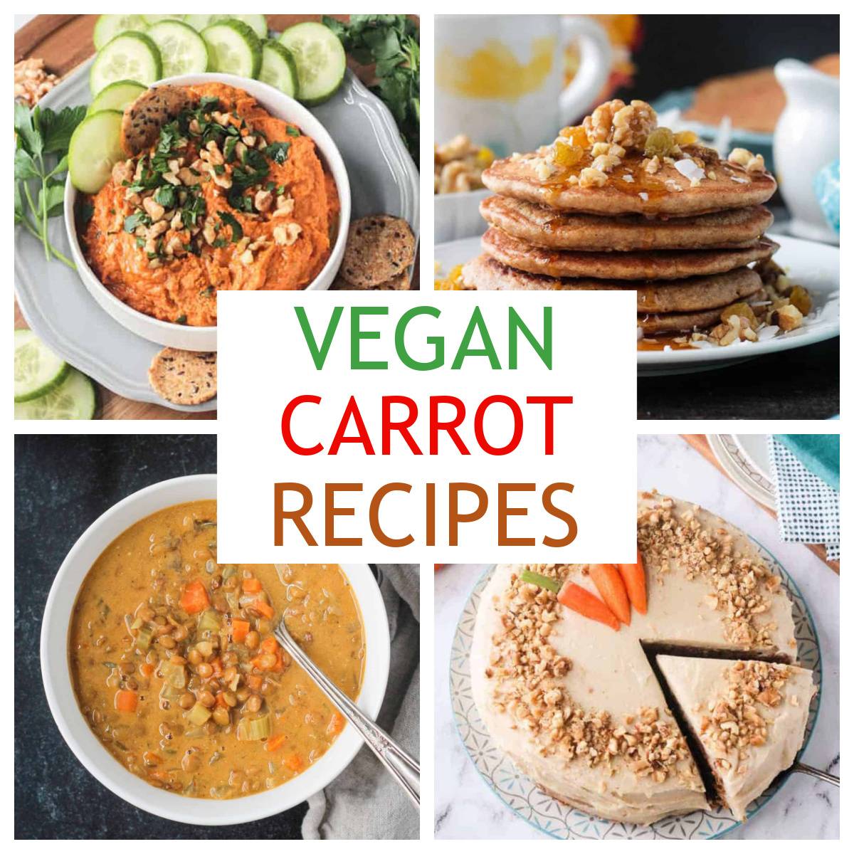 Four photo collage of vegan carrot recipes.