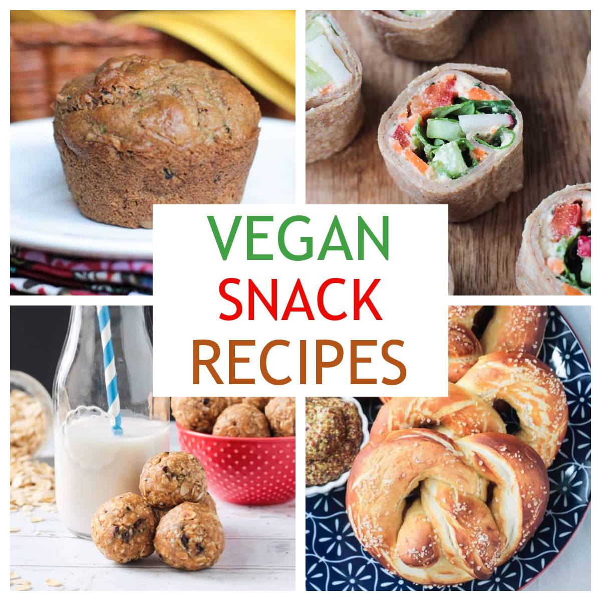 Four photo collage of vegan snack recipes: muffins, rollups, energy bites, and pretzels.