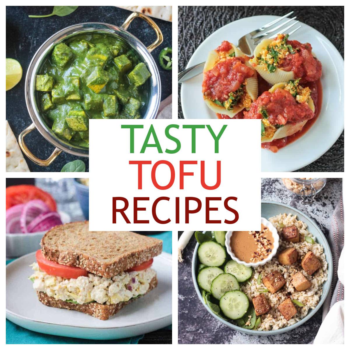 Four photo collage of vegan tofu recipes.