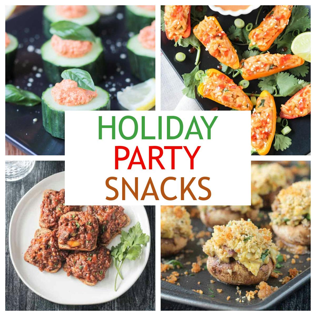 Four photo collage of a variety of vegan holiday party snacks.