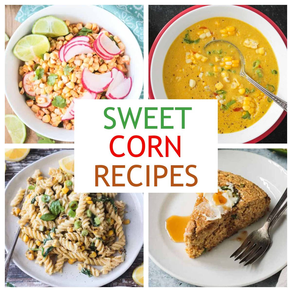 Four photo collage of vegan sweet corn recipes.