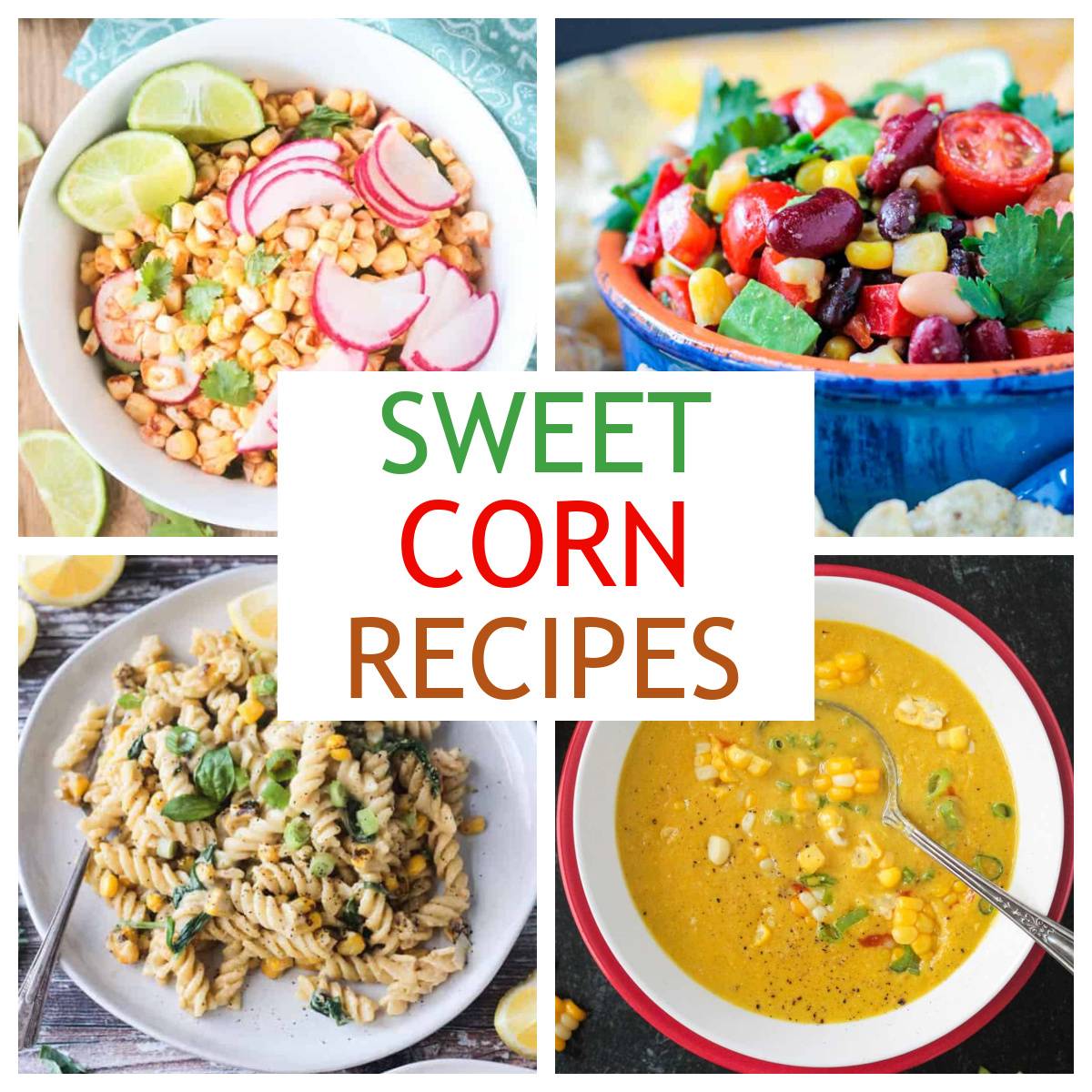 Four photo collage of vegan sweet corn recipes.