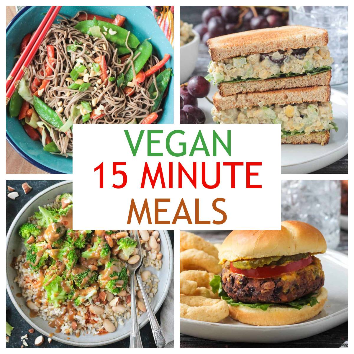 Collage of four easy vegan meals.