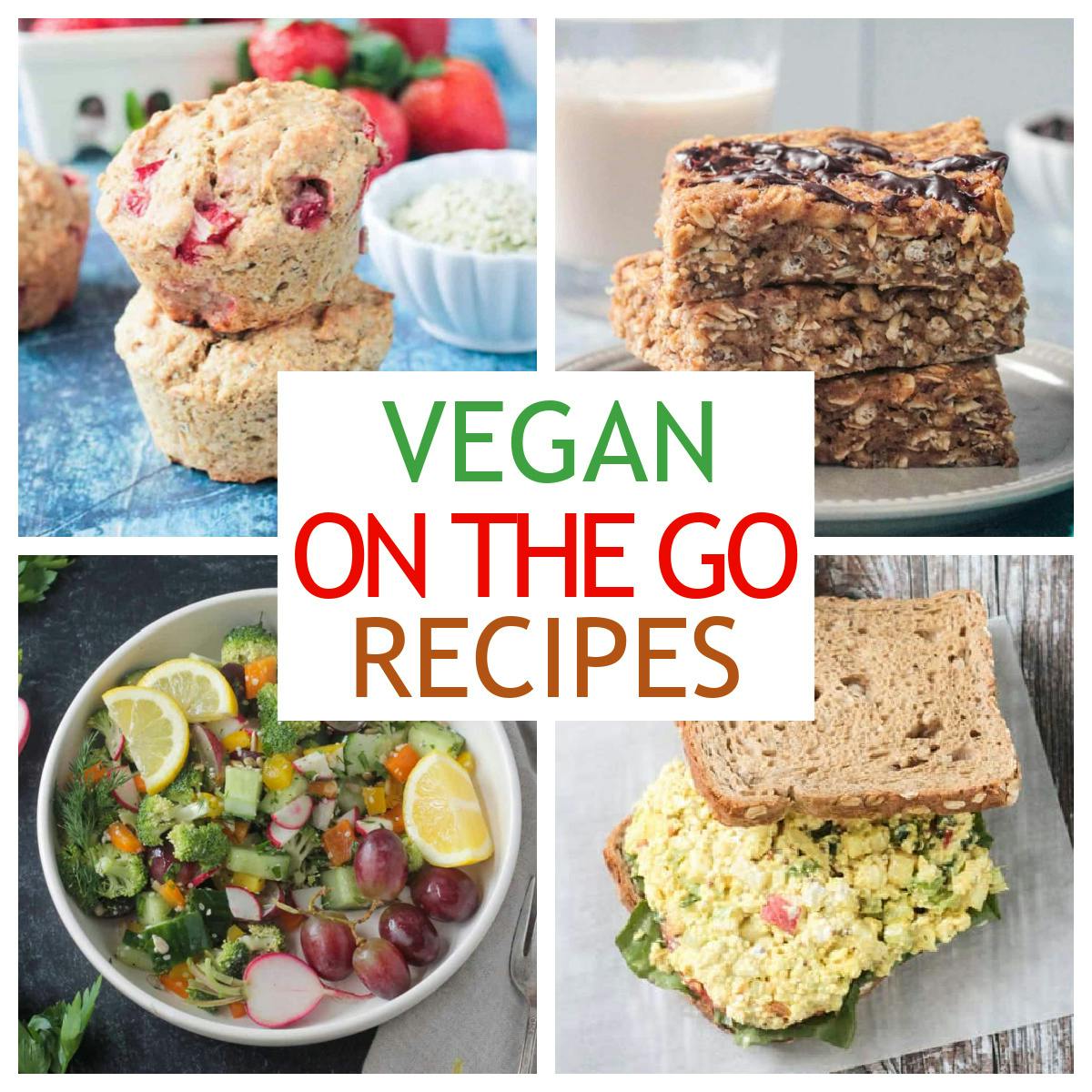 Four photo collage of vegan on the go recipes.