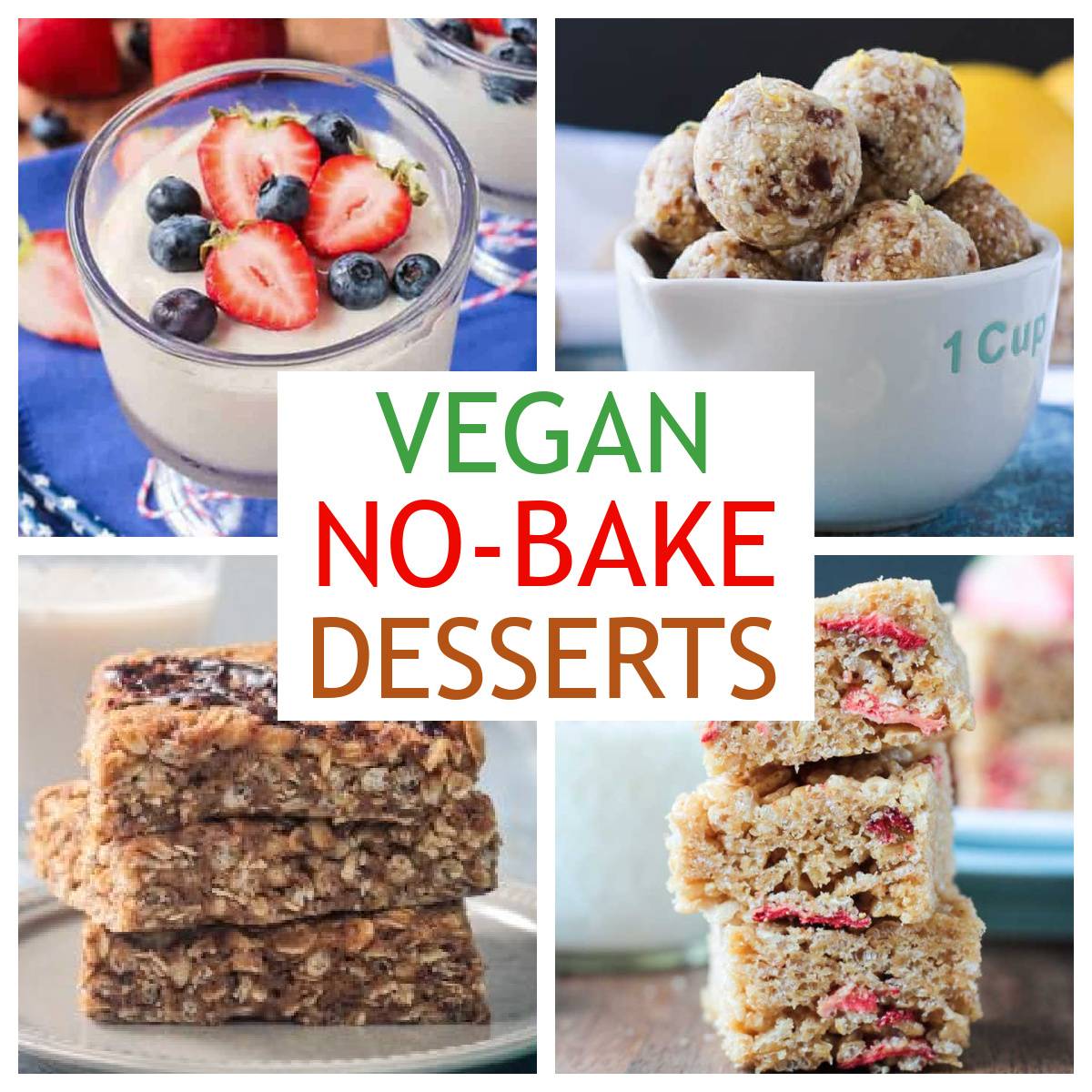 Four photo collage of vegan no-bake desserts.
