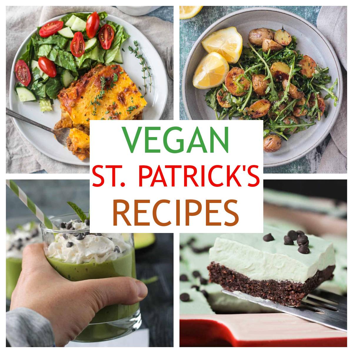 Four photo collage of vegan St. Patrick's Day recipes.