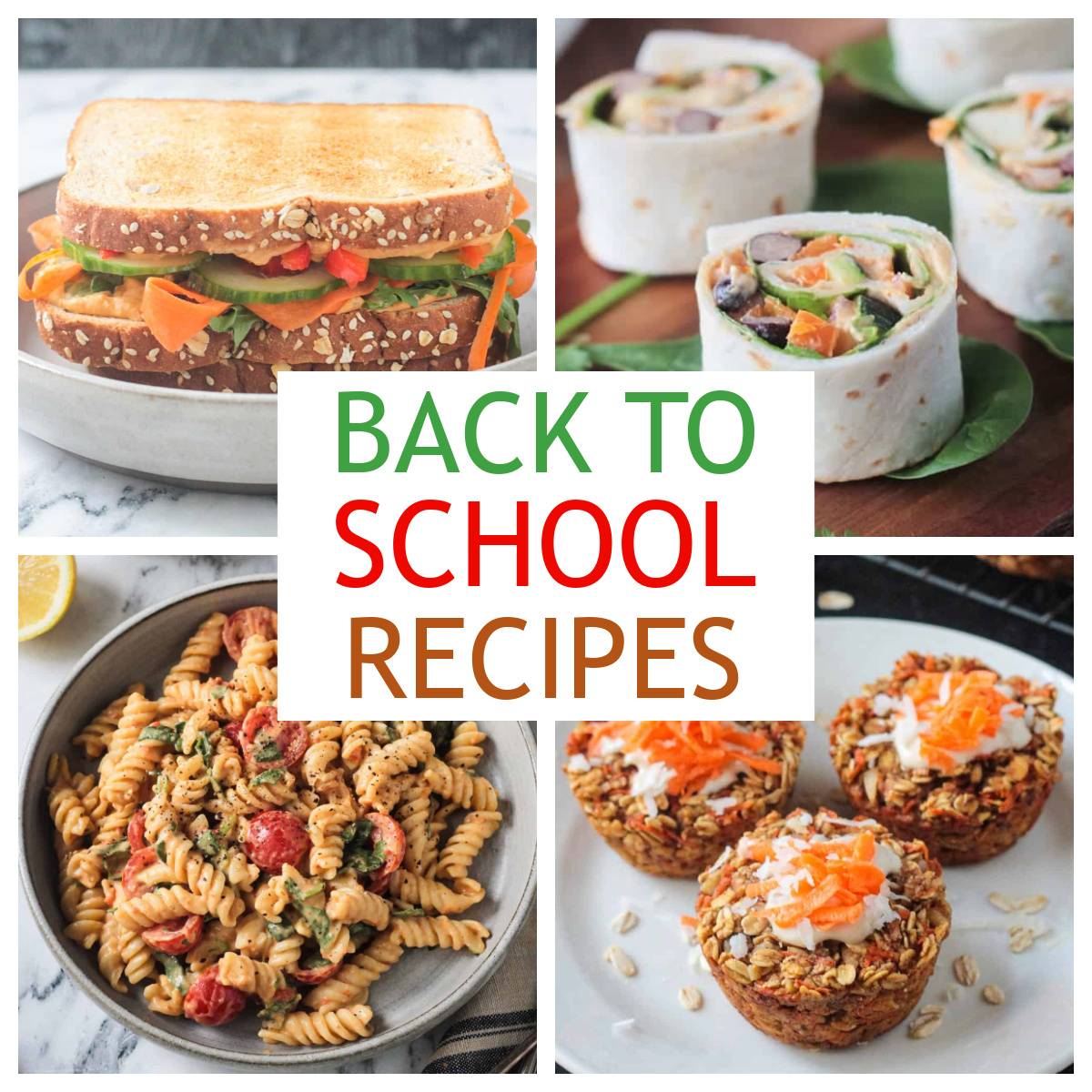 Collage of four back to school vegan recipes perfect for luncboxes.
