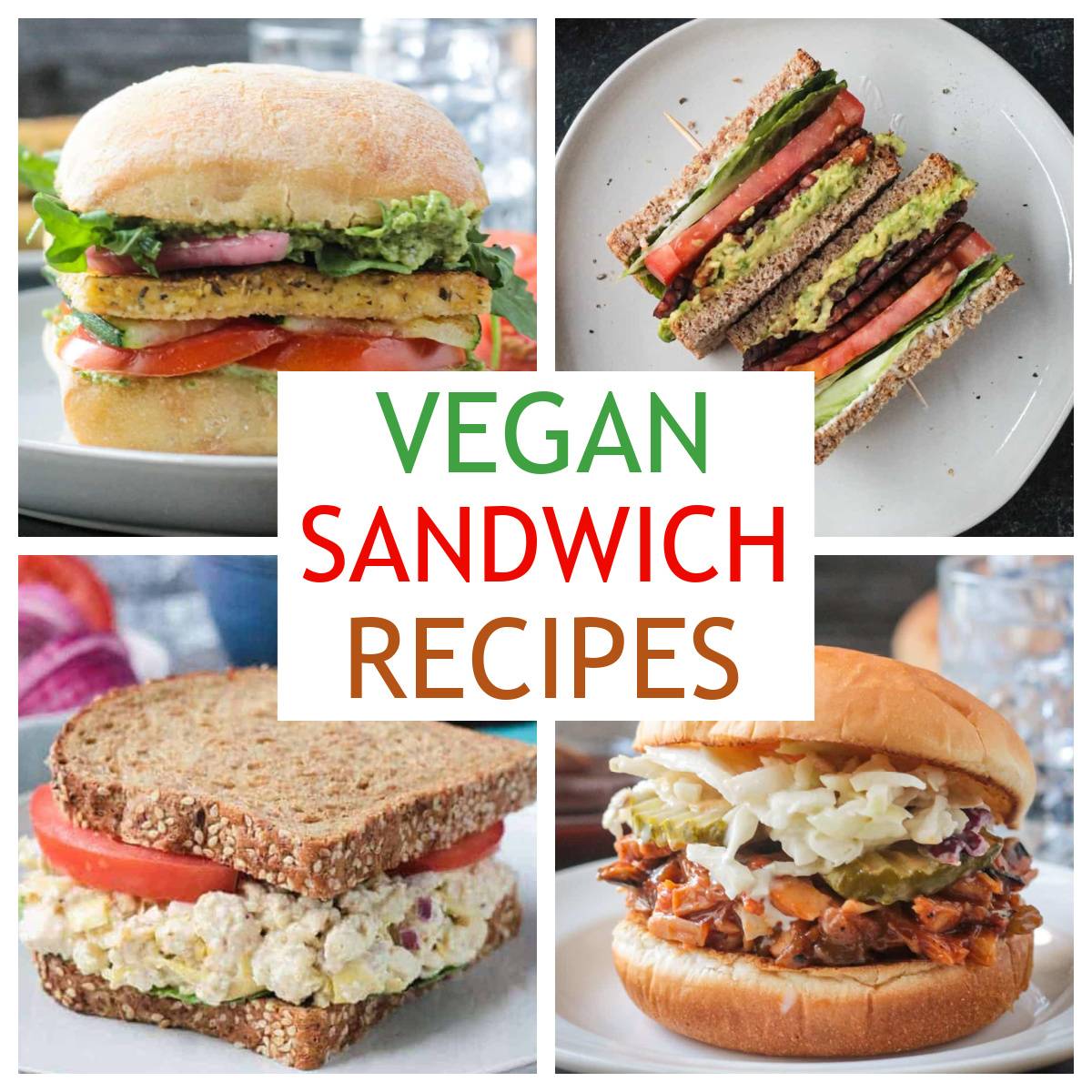 Four photo collage of vegan sandwiches.