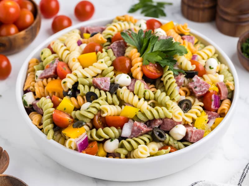 An overhead view of rotini pasta salad with mozzarella balls, salami cubes, black olives, and cherry tomtoes, with a sprig of parsley on top. 