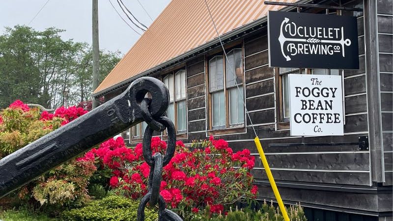 Uclulet Brewing & Foggy Bean COffee sign & wooden buidling with anchor and colorful flowers out front. 