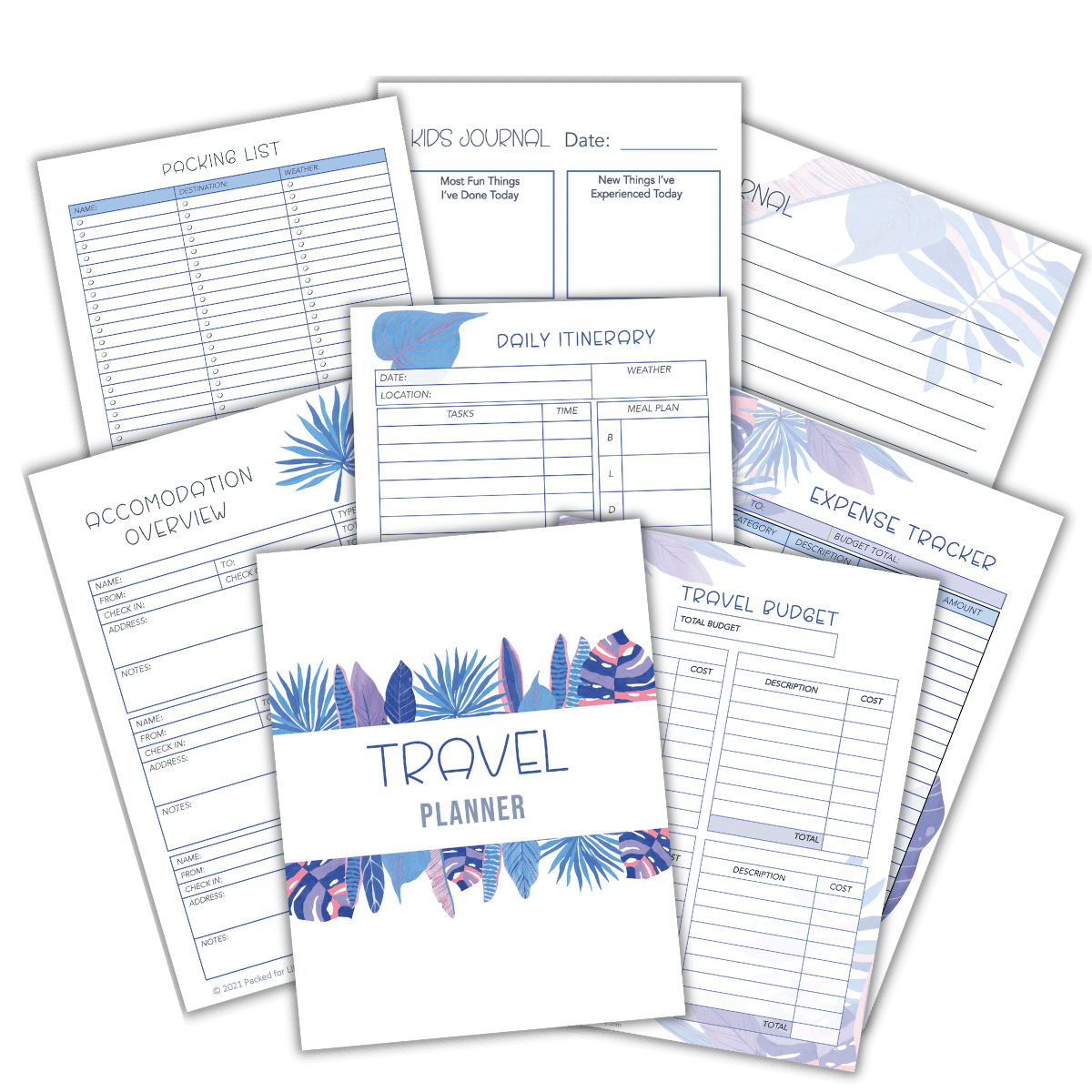 8 printable tropical foliage travel planner pages including  accommodation, budget & expenses, daily itinerary trackers, a packing list and two journal pages.  trackers and 