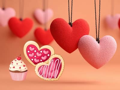 Graphic with felt hearts hanging on strings with icons of Valentine's cookies and a cupcake with cherry on top beside it. 