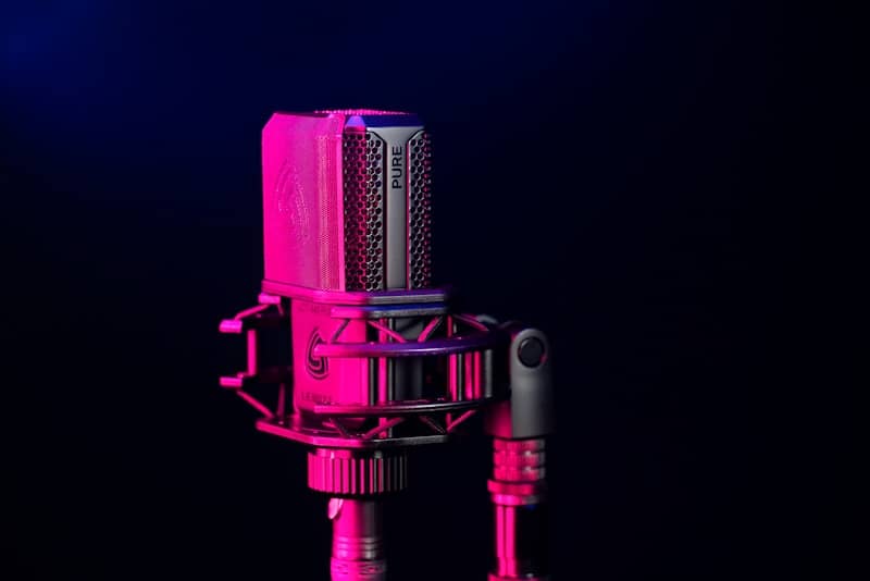 pink and silver condenser microphone