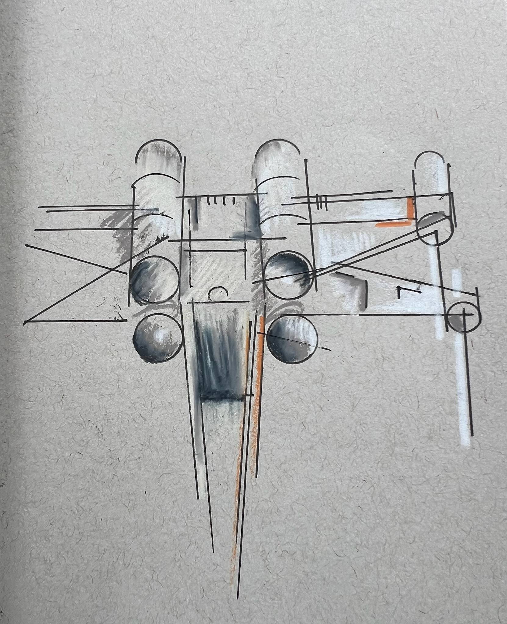 Abstract geometric drawing on textured light-gray paper, composed of intersecting black lines, circles, and arcs arranged in a loosely symmetrical, architectural layout. Several shaded circular forms appear clustered near the center and lower half, with soft gray watercolor-like washes adding depth. Thin orange accent lines run vertically and horizontally through parts of the composition. The overall piece resembles a technical sketch or blueprint blended with artistic shading, creating a balanced but slightly industrial, mechanical feel.