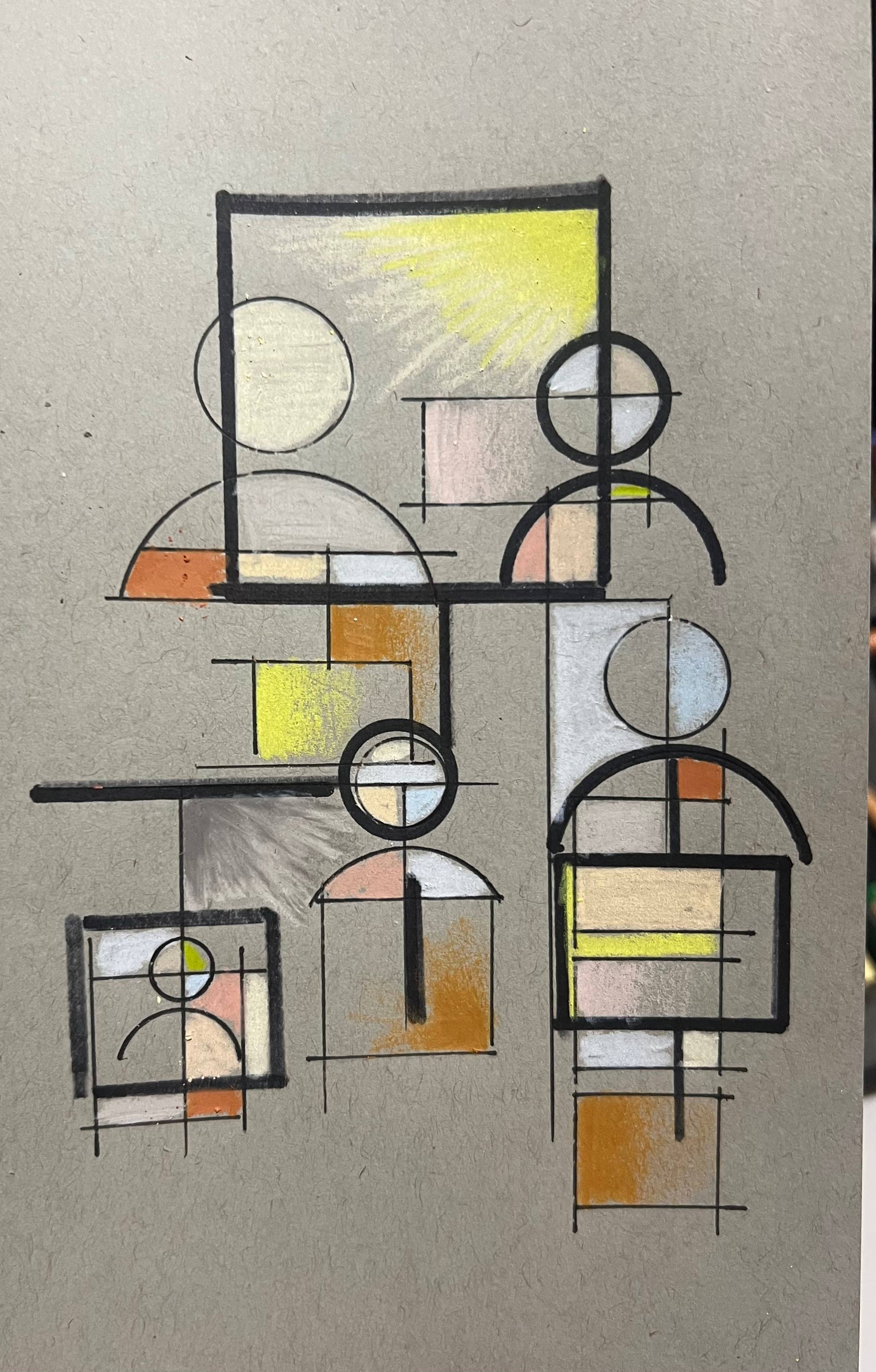Abstract, hand-drawn leadership org chart on textured tan paper, using geometric shapes and thin black lines. Multiple circles and partial arcs represent individuals, connected by horizontal and vertical lines to suggest reporting relationships. A large square near the top contains a central figure, implying a senior leader, with several smaller circular figures arranged below and to the sides. Additional boxed and framed figures appear at lower levels, connected through layered lines and intersections. Soft shading in muted yellow, orange, gray, and pale pink fills sections of the shapes, adding depth without defining specific roles. The composition suggests a structured but fluid organizational hierarchy, blending formality with artistic interpretation.