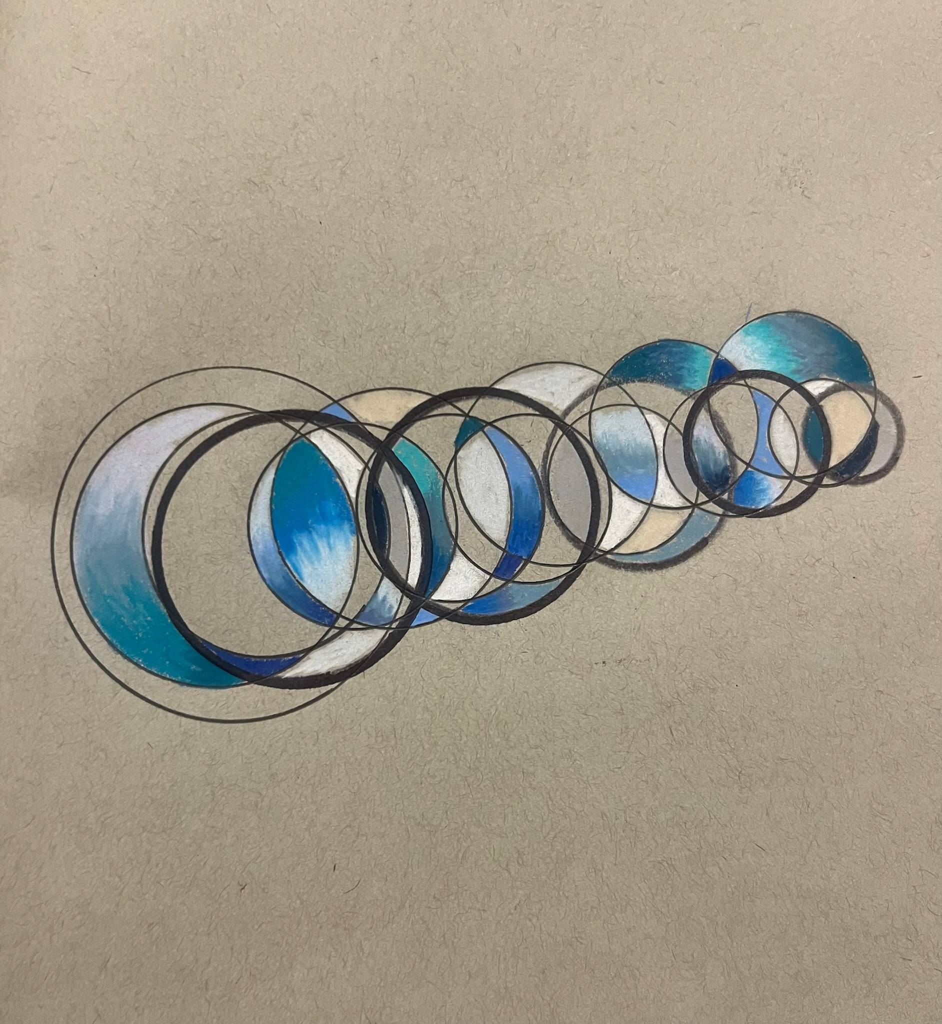 Alt text: Abstract artwork featuring a horizontal series of overlapping circular outlines, arranged from left to right in a slightly tapering sequence. The circles vary in size and intersect with one another, creating layered shapes. Portions of the circles are filled with blended shades of blue, teal, and white, giving a soft, watercolor-like effect. The outlines are drawn in dark ink, contrasting against a textured beige background.