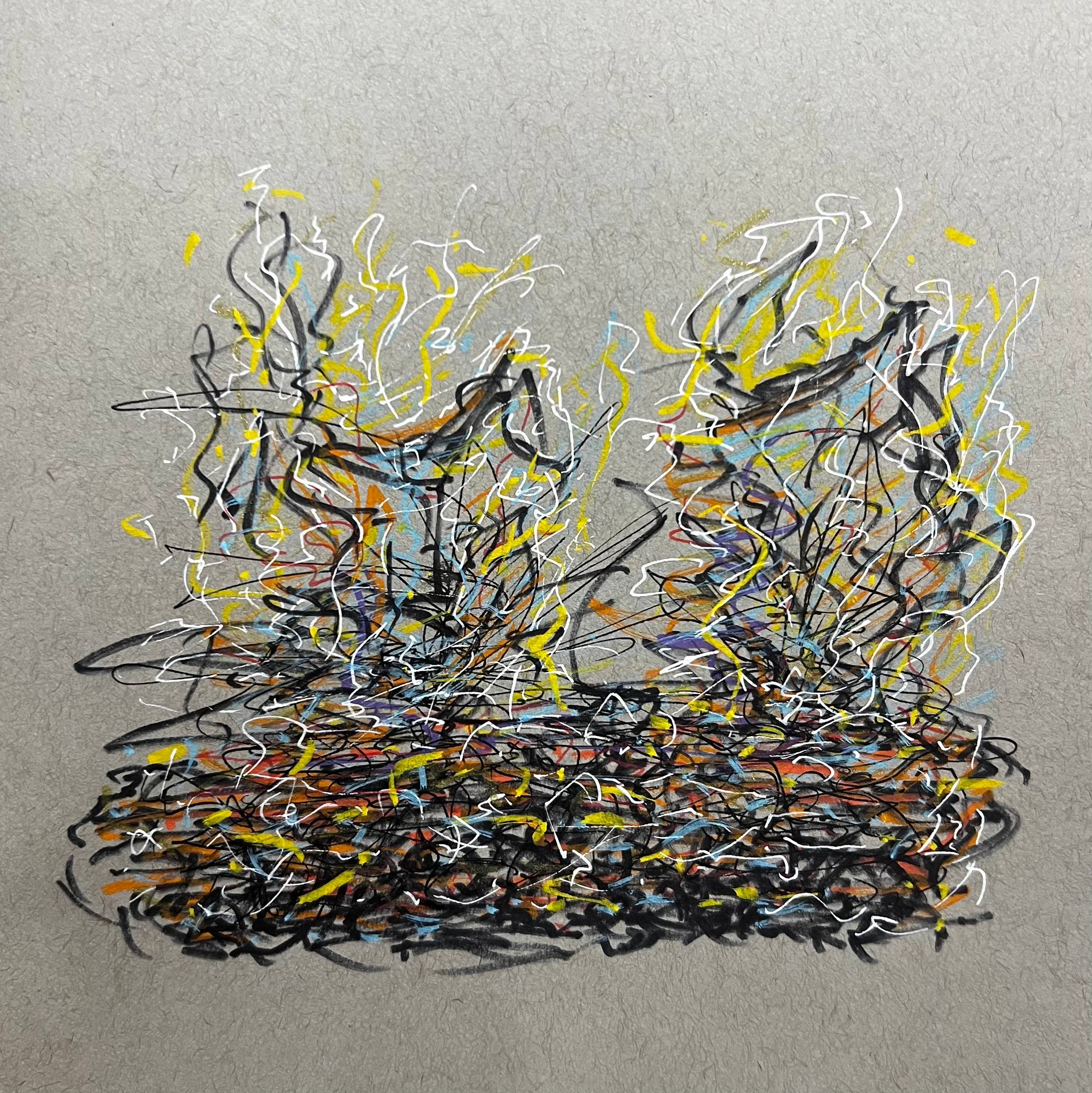 An abstract mixed-media drawing on gray textured paper featuring two tall, vertical forms rising from a dense, dark base. The forms are created with layered, energetic scribbles in black, white, yellow, orange, blue, and purple. Jagged, flame-like lines extend upward, giving a sense of motion, intensity, and growth. The bottom area is heavily layered and chaotic, while the upper shapes feel more open and expressive, suggesting emergence or transformation rather than a literal subject.